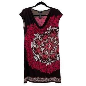 B. Calm Cap Sleeveless Knee Length Dress 12 Brown Pink Floral Bold Cowl Neck